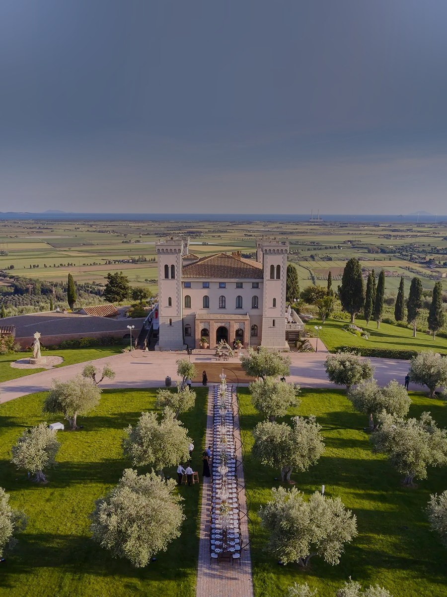 Aerial view of Castello Bonaria above its olive grove, with the Tuscan plain and the sea beyond